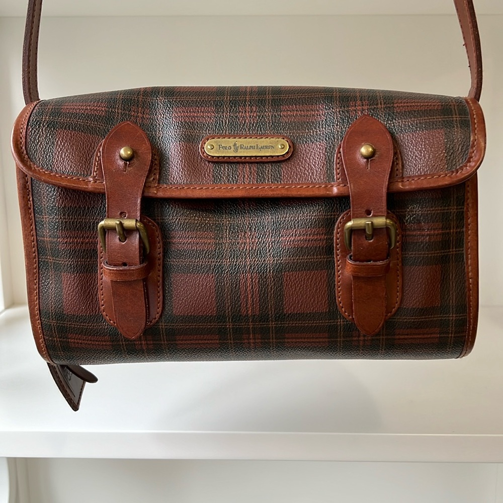 Vintage Ralph Lauren Brown Tartan Plaid Crossbody Messenger Saddle Bag